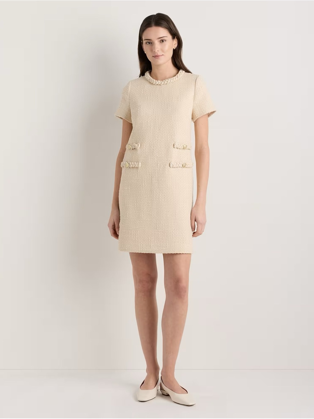 Cream Textured Tweed Mini Shift Dress with Braided Trim